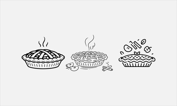 Apple pie autumn dessert sketch line art icon set vector illustration
