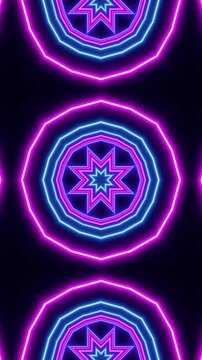 Neon Light Glowing Geometric Star Kaleidoscope animation,Abstract Blue Pink Lights VJ vertical social media Motion Background 