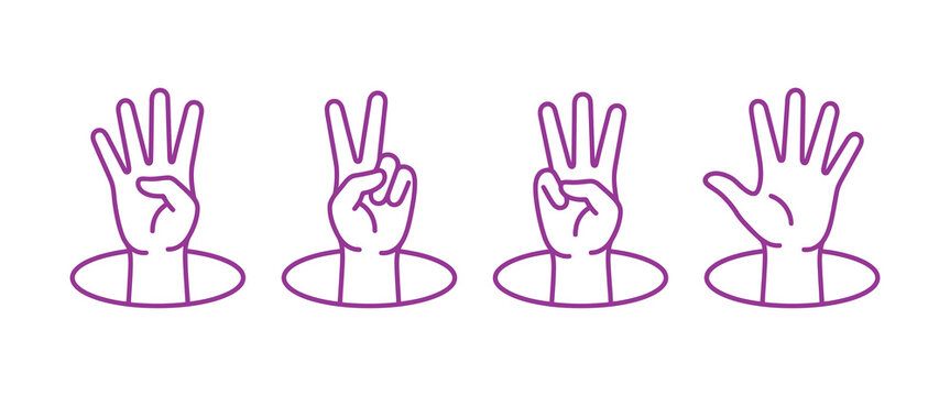 Four hands with fingers in different positions for counting or signaling  isolated on white