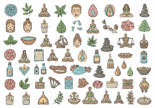 Collection of hand-drawn icons representing wellness, meditation, and natural elements for spa and yoga.