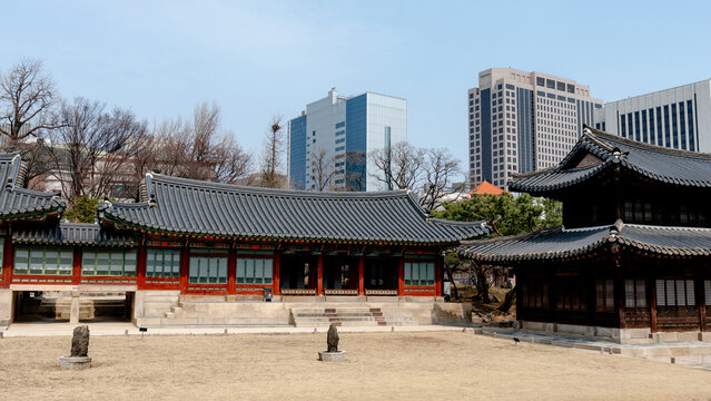 Deoksugung Palace courtyard with Seoul skyline behind