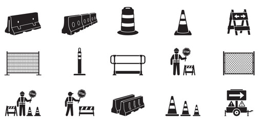 Road construction barrier icon set. Traffic safety cone and fence collection. Under work street maintenance symbol. Vector illustration. © Jeremy_Show