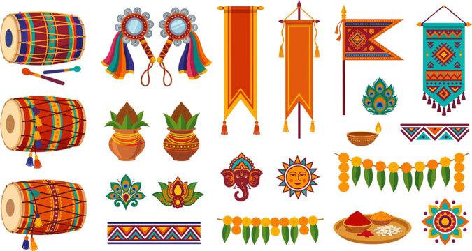 Colorful Indian festival elements including dhol drums and spiritual symbols