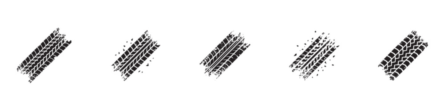 Tire tracks print set. Grunge tire tread texture collection. Automotive car wheel track silhouette. Vector illustration.