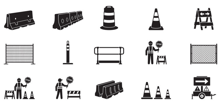 Road construction barrier icon set. Traffic safety cone and fence collection. Under work street maintenance symbol. Vector illustration.
