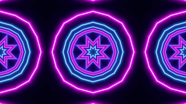 Neon Light Glowing Geometric Star Kaleidoscope animation,Abstract Blue Pink Lights VJ social media Motion Background 