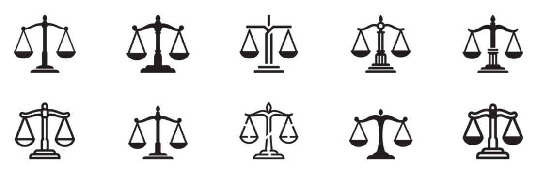 Scales of justice icon set. Law and balance symbol. Legal judgement and court logo. Vector illustration. Vector Graphic. EPS 10