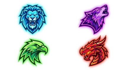 Obraz premium Four stylized animal heads, lion, wolf, eagle, and dragon, with glowing neon outlines on a white background