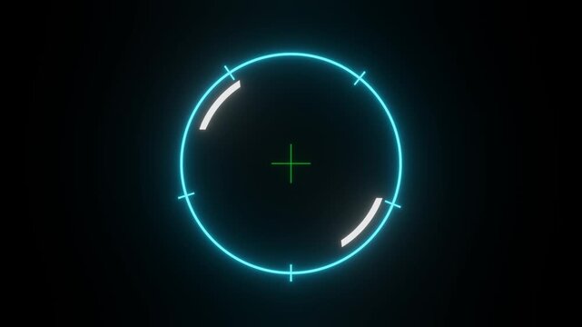 Cyan neon HUD targeting circle with rotating arcs loop animation on dark background