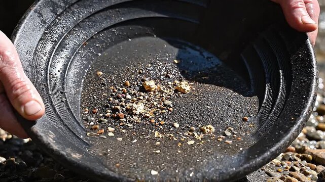 A person washes river sediment in a black pan to find gold nuggets and dust. This shows the manual extraction process in nature. Useful for educational or financial content.