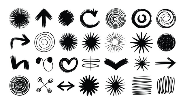 Collection of abstract black brush stroke shapes and swirling designs