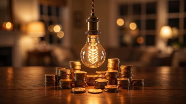 Glowing light bulb over stacks of golden coins representing energy costs and financial investment concepts with business