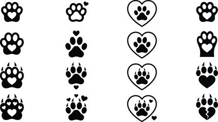 Animal Paw Print and Heart Silhouette Vector Icon Set with Wild Monster Claws and Domestic Pet Footprints for Valentine Day and Creative Branding Graphics © REYAD
