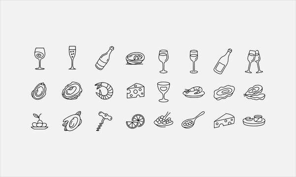 Wine and seafood aperitif doodle line art line art icon set vector illustration