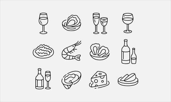Wine and seafood aperitif doodle line art line art icon set vector illustration