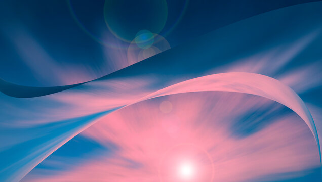 Nubes rojas en expansi&oacute;n sobre un fondo azul, acompa&ntilde;adas de destellos de sol. Dise&ntilde;o contempor&aacute;neo ideal para p&aacute;ginas web y publicidad.