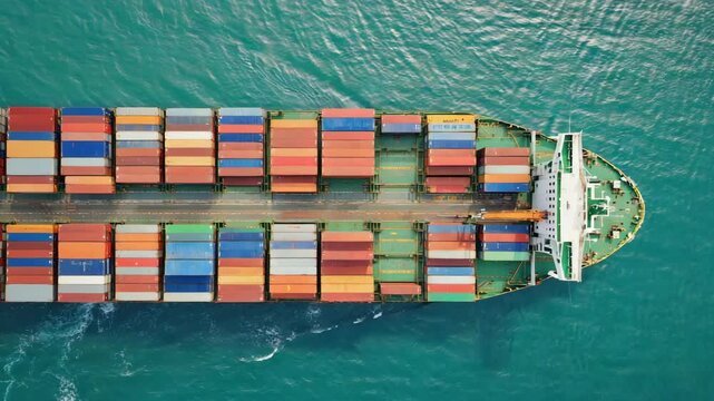 Aerial top-down view of a large container ship loaded with colorful boxes sailing in green sea for, trade concept