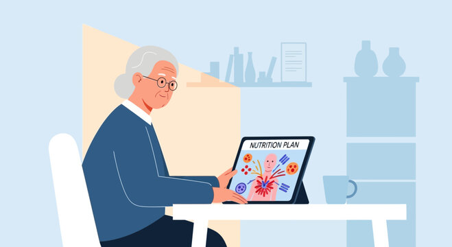 Senior woman following nutrition plan from tablet at home
