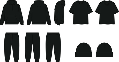 Black Streetwear Tracksuit Apparel Technical Vector Drawing Set with Blank Hoodie Sweatpants Oversized T Shirt and Beanie Mockups for Fashion Tech Packs © REYAD