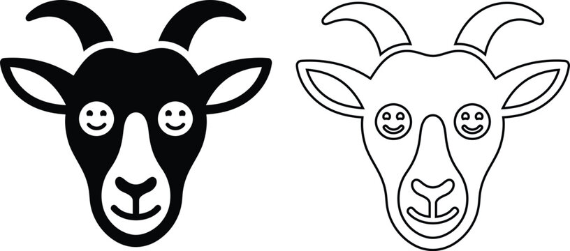 Vector icon set of a cute farm animal goat head portrait with funny smiley face eyes in minimalist solid black silhouette and line outline styles.