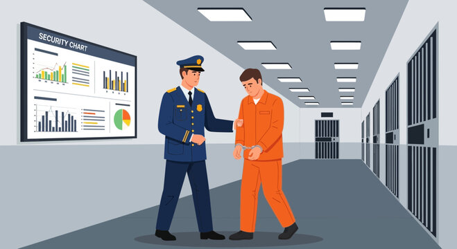 Police officer and prisoner in hallway.