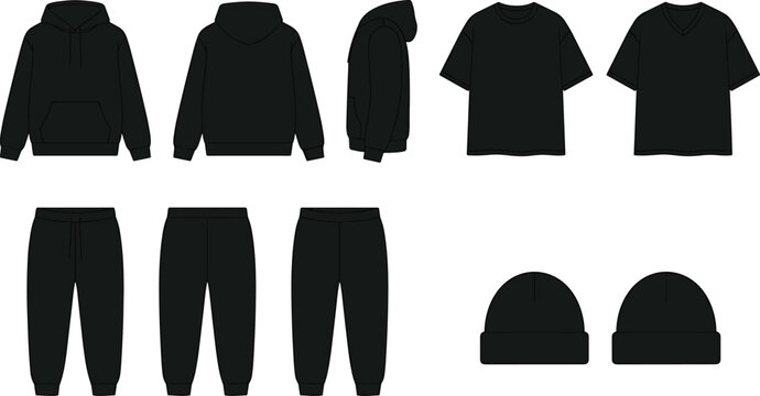 Black Streetwear Tracksuit Apparel Technical Vector Drawing Set with Blank Hoodie Sweatpants Oversized T Shirt and Beanie Mockups for Fashion Tech Packs
