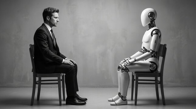 Black and white concept of human businessman and humanoid robot sitting on chairs facing each other for job interview
