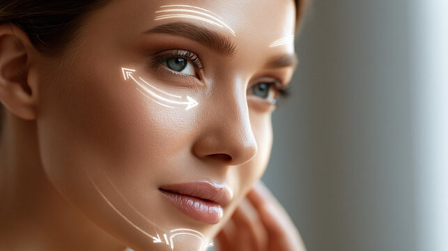 Augmented reality close-up showing arrows and guides on a face for bronzer and highlighter placement, digital beauty tutorial concept, smart makeup technology, natural glow