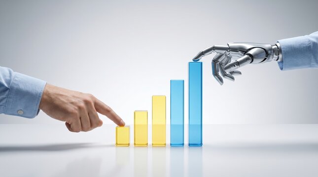 Human and robotic hand comparing performance on translucent 3D bar chart representing growth and AI with intelligence