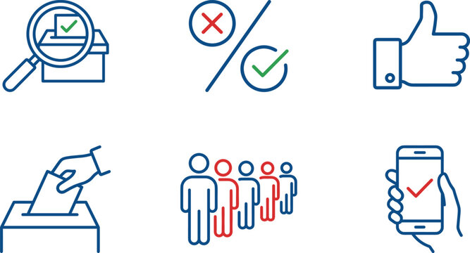 Election and voting linear color icon set with ballot box queue and mobile polling elements