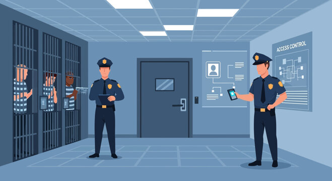 Police officers in a jail cell.