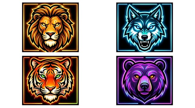 Collection of Four Fierce Animal Heads as Digital Icons: Lion, Wolf, Tiger, and Bear