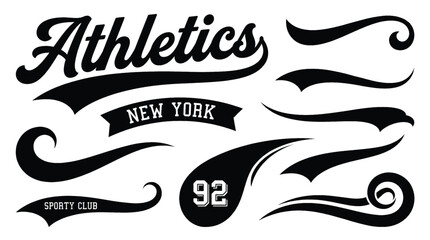 Vintage baseball script swooshes and swashes with dynamic retro wave tails. Athletic lettering and typographic underlines for sports logos, apparel, and branding. © Saidul
