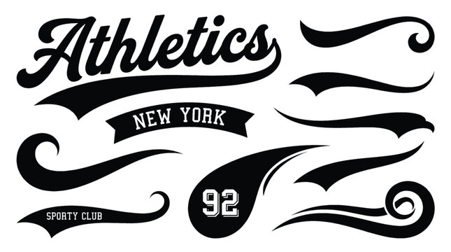 Vintage baseball script swooshes and swashes with dynamic retro wave tails. Athletic lettering and typographic underlines for sports logos, apparel, and branding.