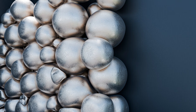 Abstract pile of metallic silver balls with copy space