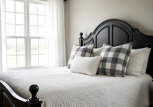 Modern black wood bed frame with white and grey bedding and plaid pillows