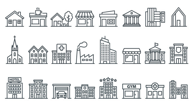 Building web icons in line style. Hotel, hospital, apartament, city, town house, mall, coffee, collection. Editable stroke.  Vector illustration.