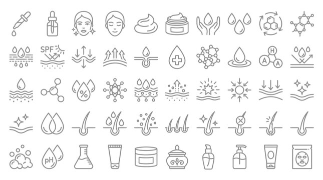 ASkin care line icons set. Moisture cream, acid, anti wrinkle serum, ceramide, collagen, retinol compound, sunscreen vector illustration