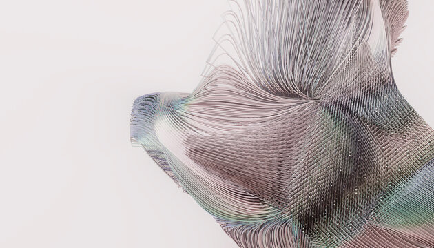 Abstract 3D render of flowing hair strands in soft pastel