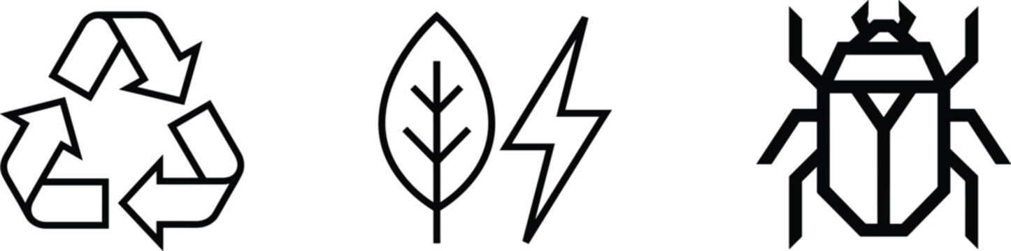 Green energy recycling and software bug linear outline icon set with eco conservation elements