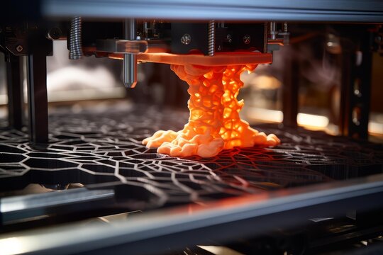 3d printer nozzle extruding orange filament, building a complex organic shape on a honeycomb bed