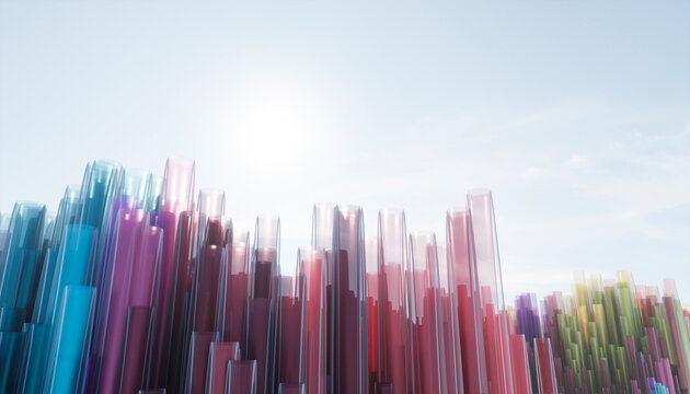 Abstract colorful tubes forming a futuristic skyline backdrop
