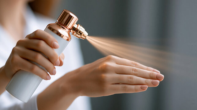 Handheld spray tanning device applying bronzing solution across a hand, even pigmentation distribution and consistent cosmetic appearance concept, sunless tanning technology,