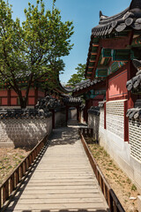 Naklejka premium Korean temple in Seoul with traditional architecture and buildings at Changdeokgung Palace