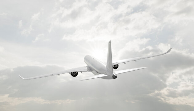 Airplane in flight climbing through bright cloudy sky