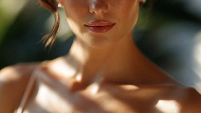 Close-up of a woman's skin with a natural-looking spray tan result photographed in outdoor sunlight, golden sunkissed skin tone concept, sunless tanning result, beauty and