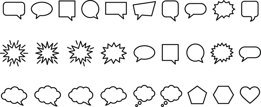 Speech bubble outline icon set with comic text cloud message and discussion chat elements