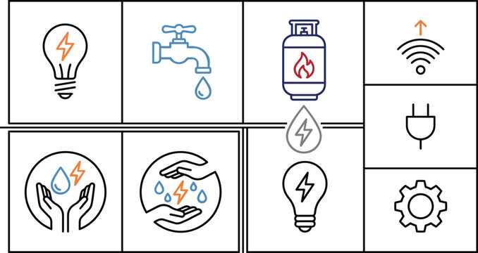 Home utilities and resource conservation line icon set with electricity water gas and wifi elements