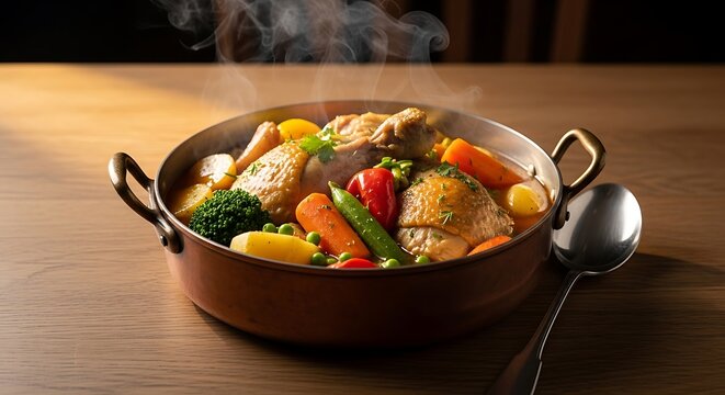 Fresh hot vegetable stew with tender meat served in a rustic copper pot on a wooden kitchen table. estofado pollo