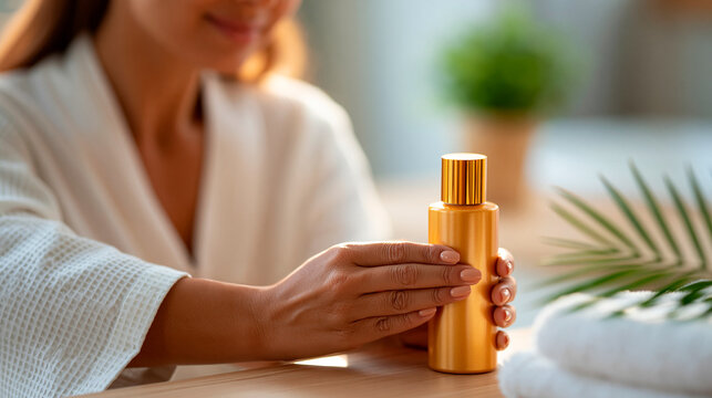 Close-up of a woman applying golden self-tanning lotion onto her arm in a bright bathroom, sunless tanning routine concept, skin care beauty ritual, at-home tanning product,